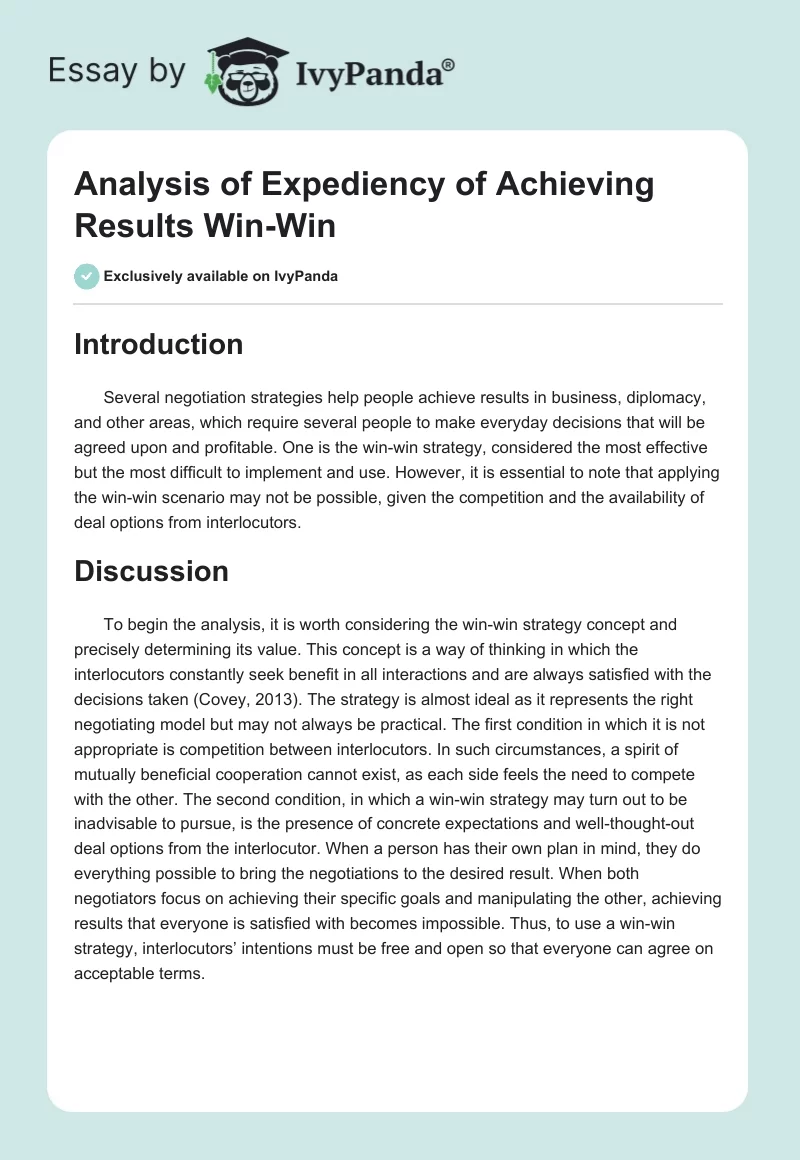 Analysis of Expediency of Achieving Results Win-Win. Page 1