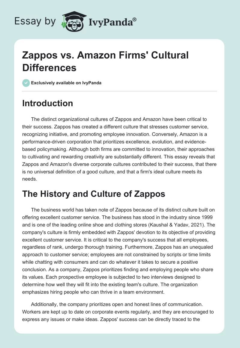 Zappos vs. Amazon Firms' Cultural Differences. Page 1