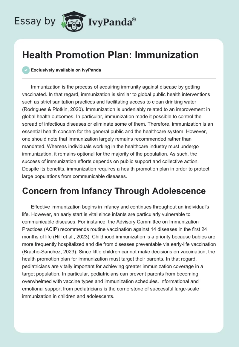 Health Promotion Plan: Immunization. Page 1