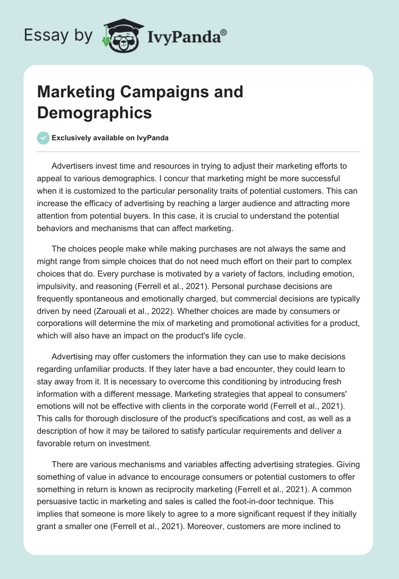 Marketing Campaigns and Demographics. Page 1