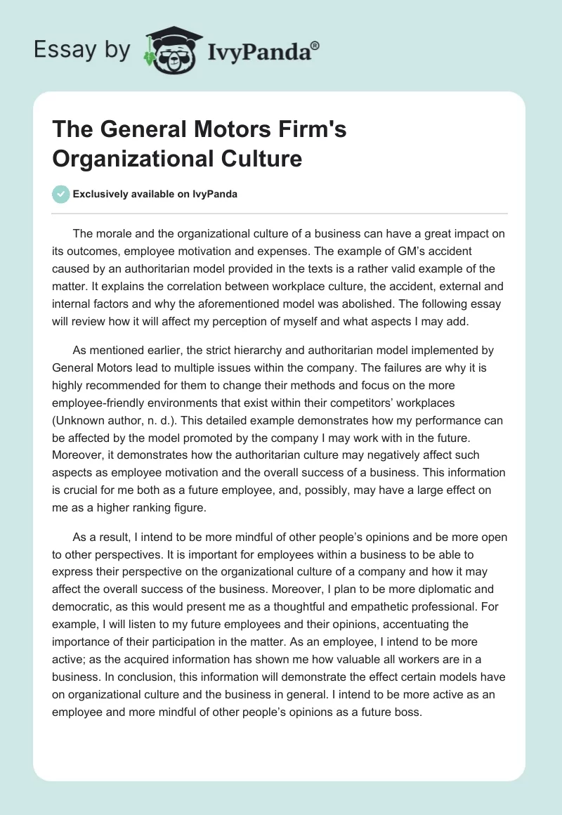 The General Motors Firm's Organizational Culture. Page 1
