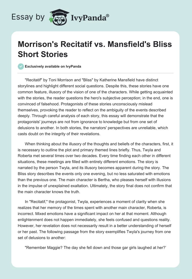 Morrison's Recitatif vs. Mansfield's Bliss Short Stories. Page 1