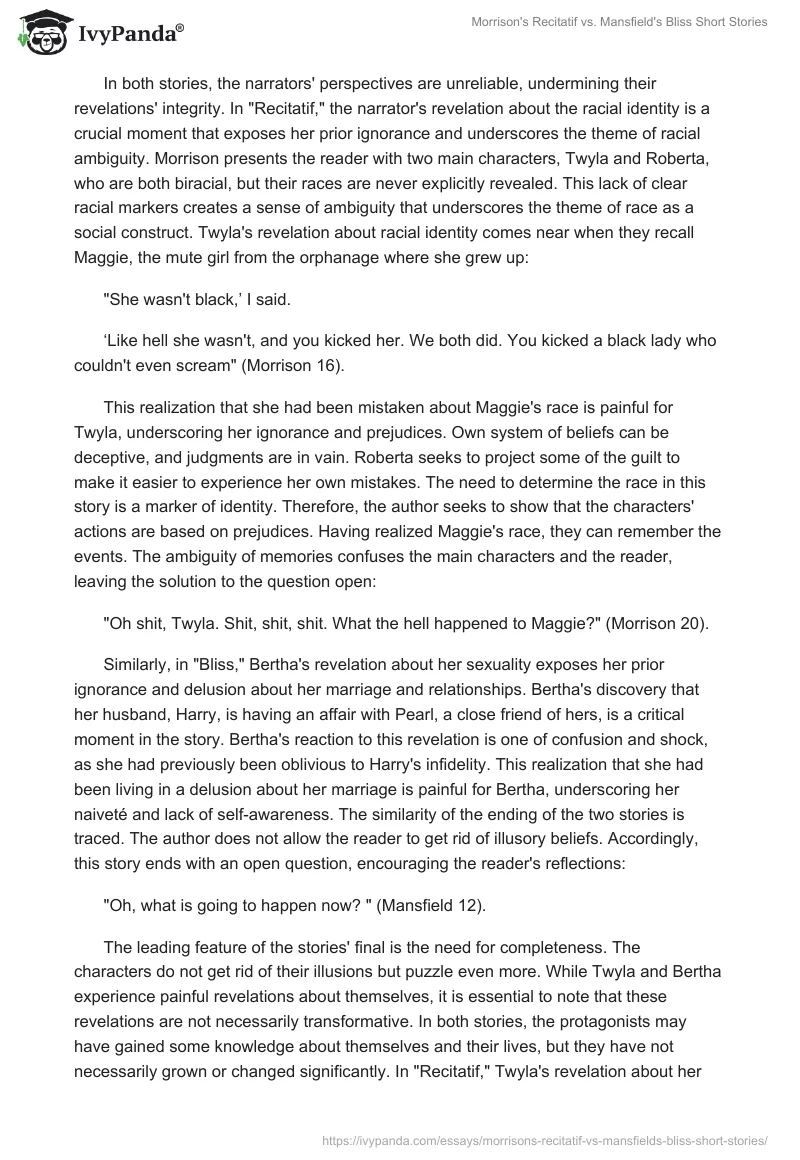 Morrison's Recitatif vs. Mansfield's Bliss Short Stories. Page 3