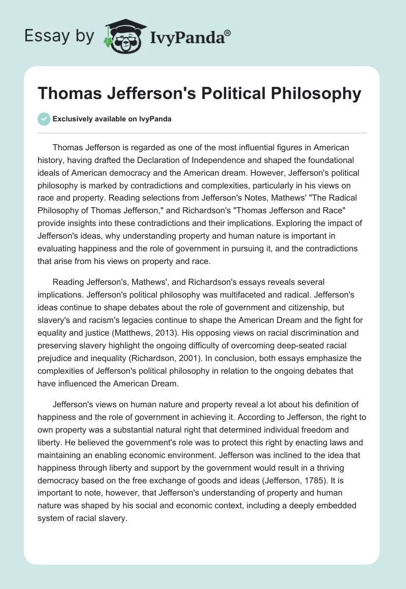 Thomas Jefferson's Political Philosophy. Page 1