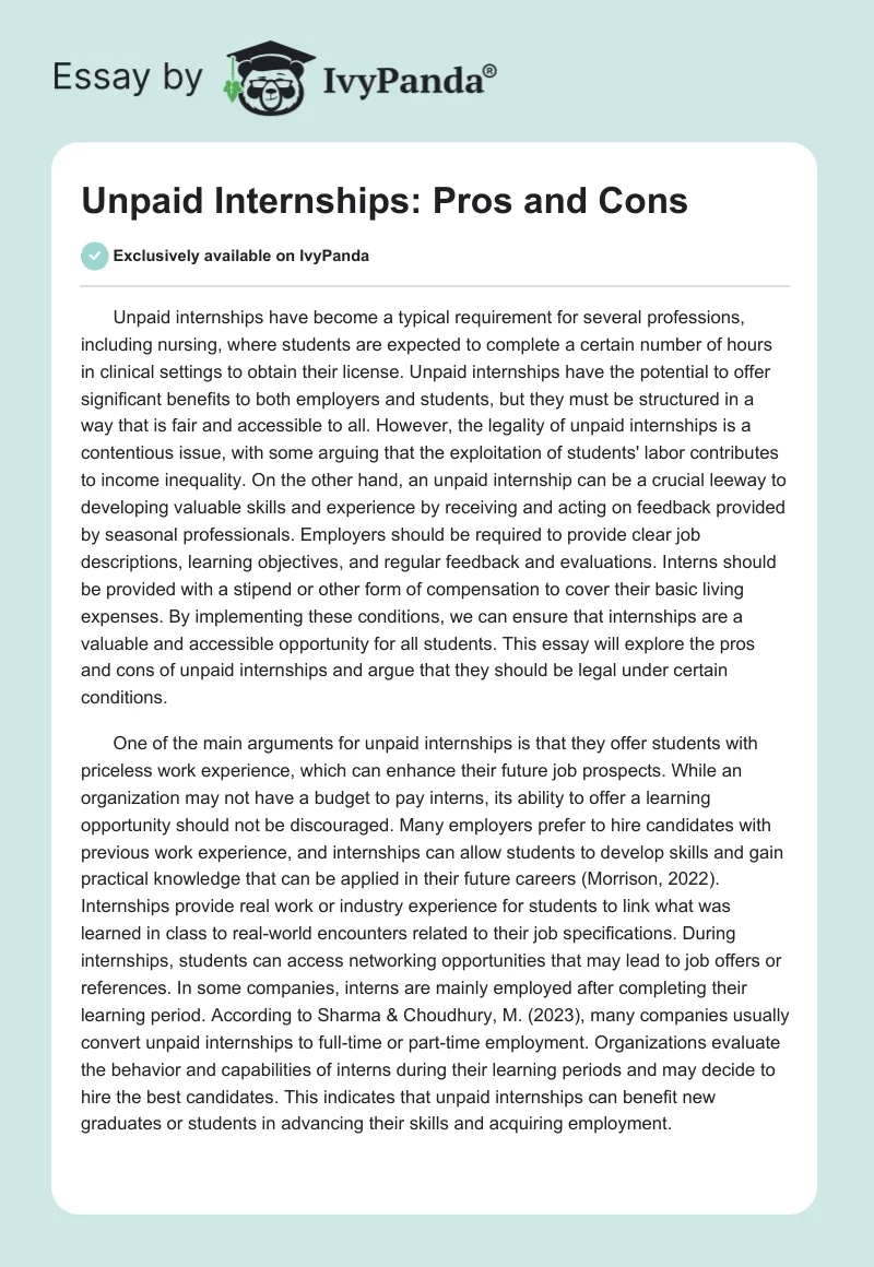 Unpaid Internships: Pros and Cons. Page 1