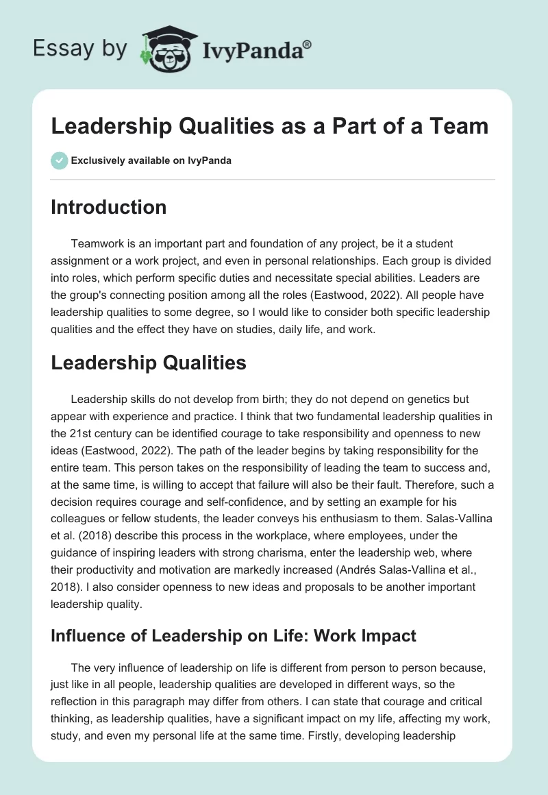 Leadership Qualities as a Part of a Team. Page 1
