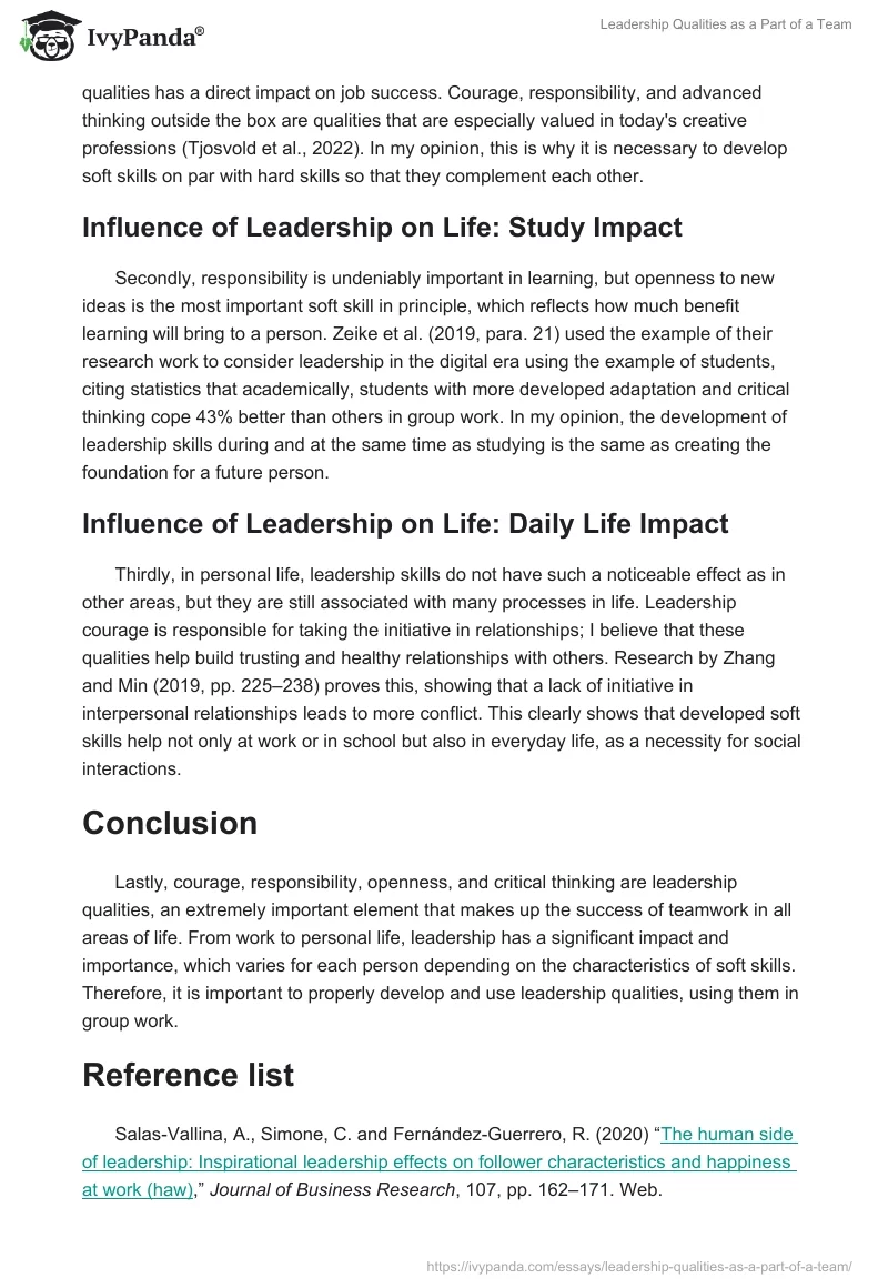 Leadership Qualities as a Part of a Team. Page 2