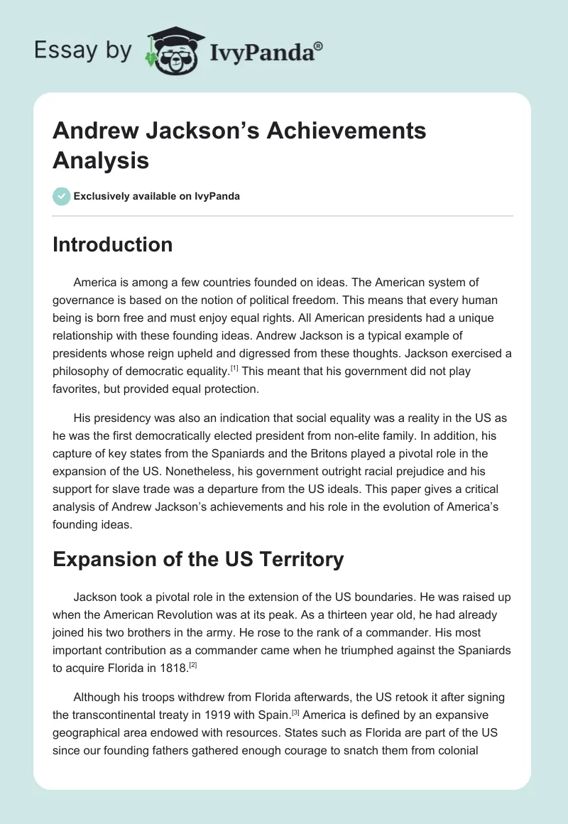 Andrew Jackson’s Achievements Analysis. Page 1