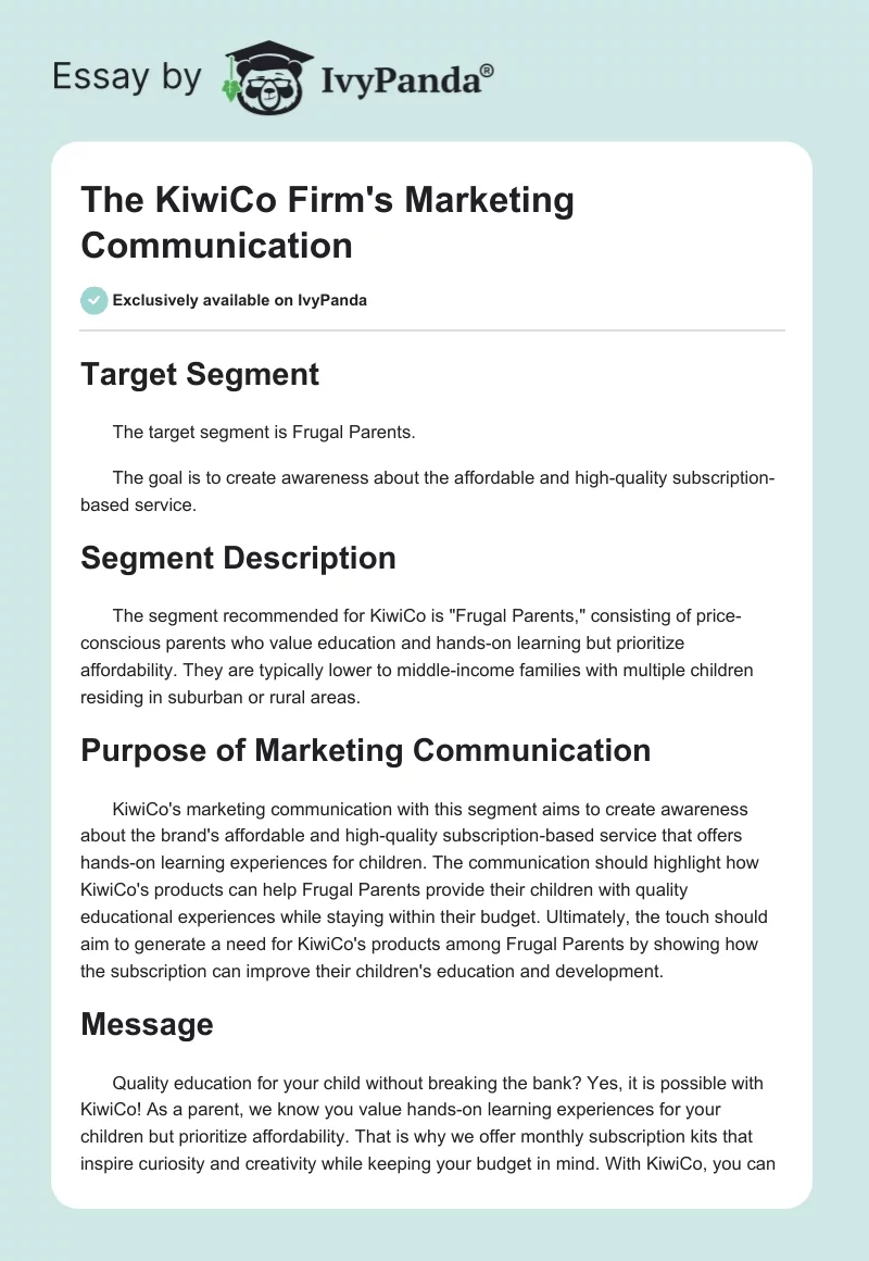 The KiwiCo Firm's Marketing Communication. Page 1