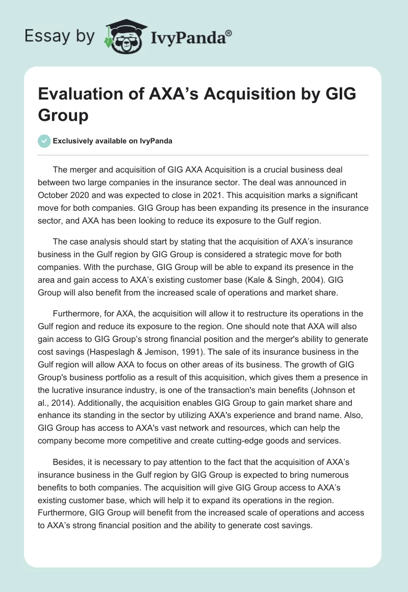 Evaluation of AXA’s Acquisition by GIG Group. Page 1