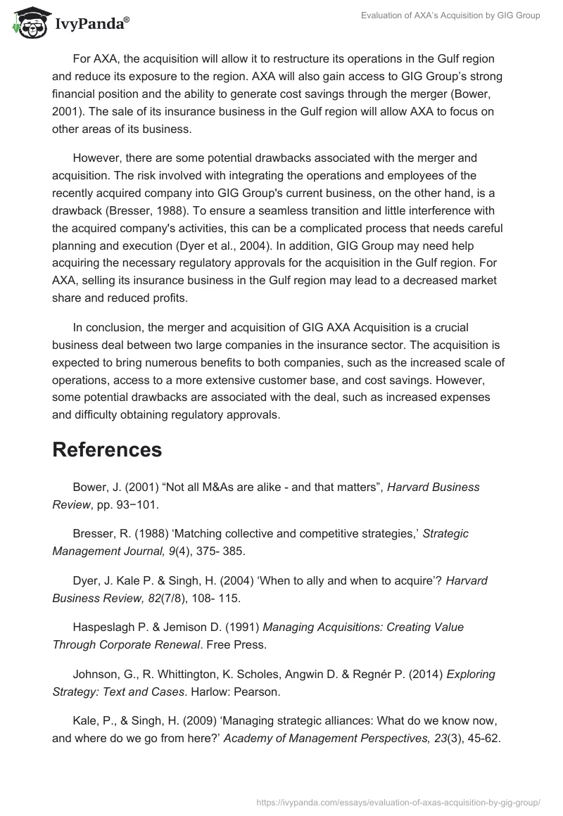 Evaluation of AXA’s Acquisition by GIG Group. Page 2