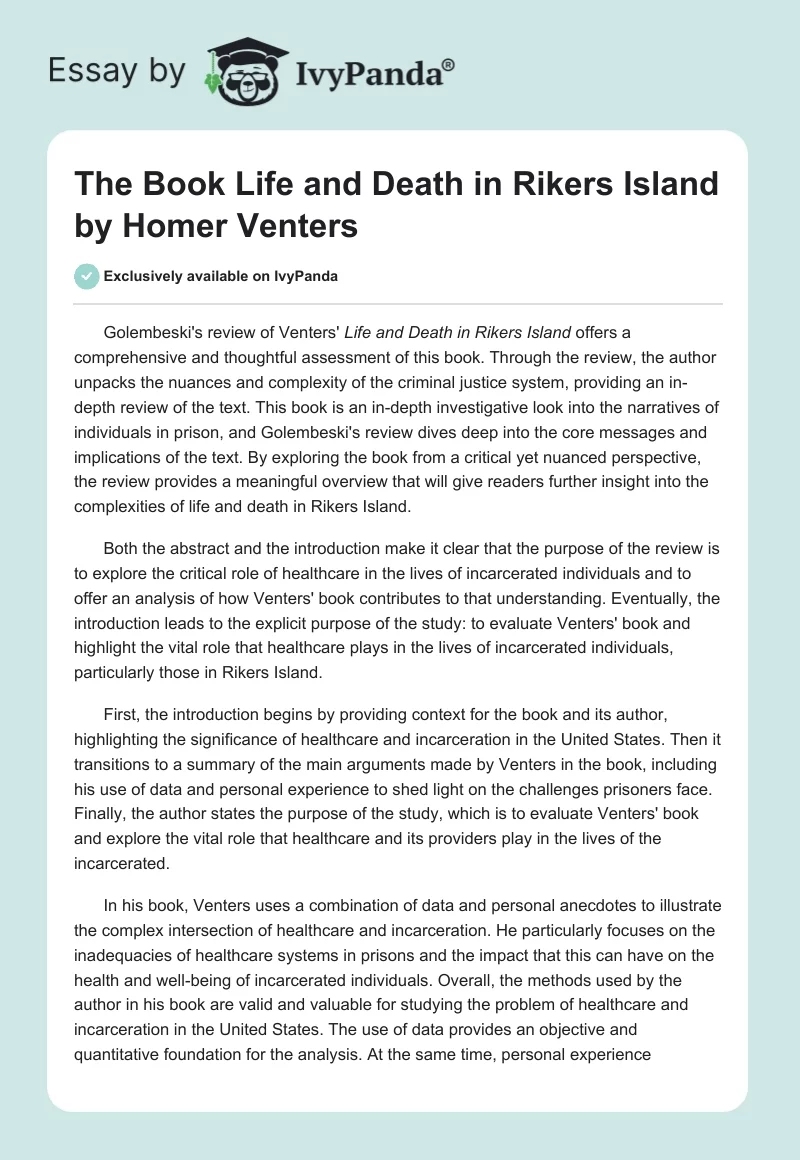 The Book "Life and Death in Rikers Island" by Homer Venters. Page 1