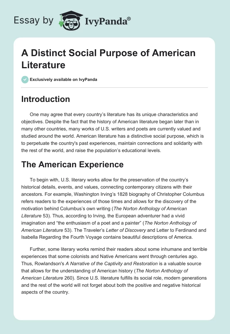 A Distinct Social Purpose of American Literature. Page 1