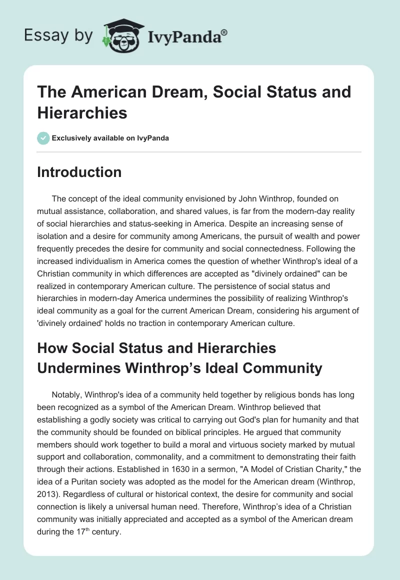 The American Dream, Social Status and Hierarchies. Page 1