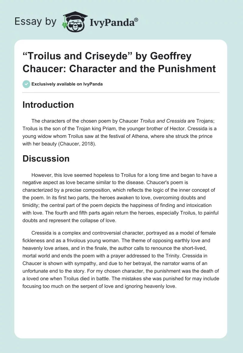 “Troilus and Criseyde” by Geoffrey Chaucer: Character and the Punishment. Page 1