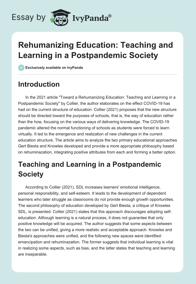 Rehumanizing Education: Teaching and Learning in a Postpandemic Society. Page 1