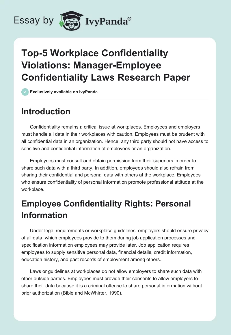 Top-5 Workplace Confidentiality Violations: Manager-Employee Confidentiality Laws Research Paper. Page 1