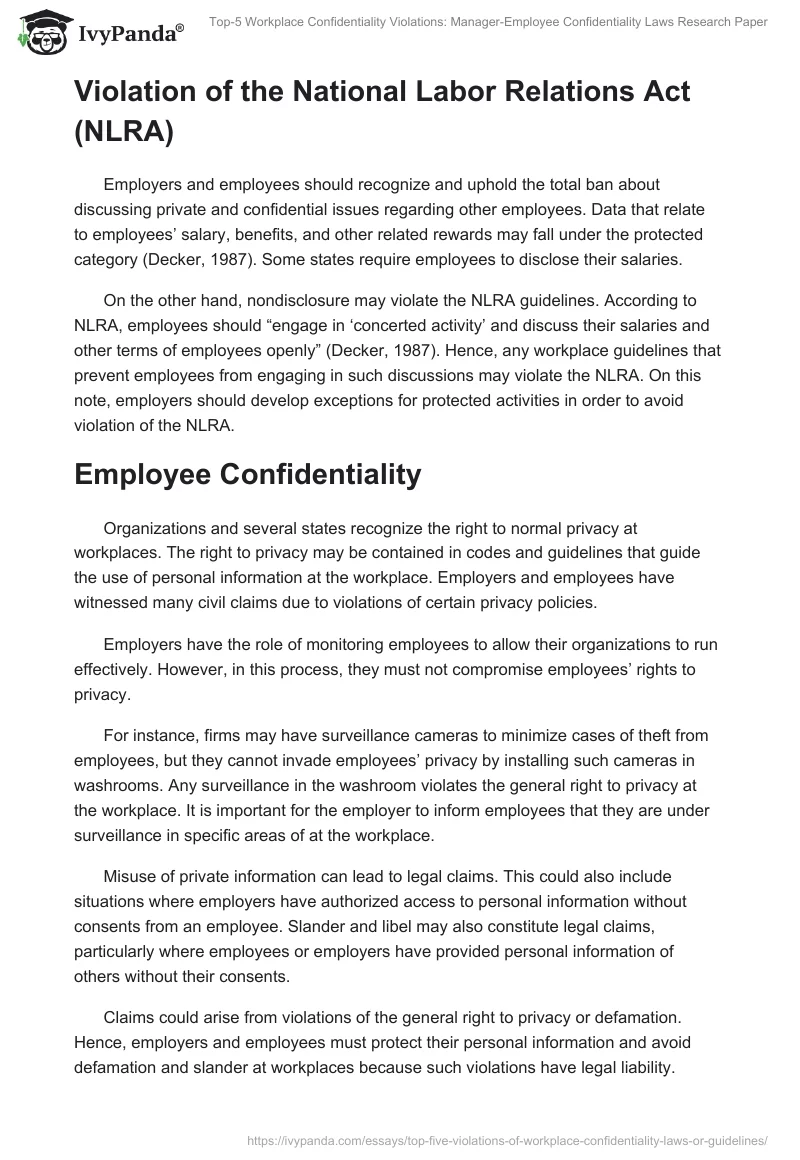 Top-5 Workplace Confidentiality Violations: Manager-Employee Confidentiality Laws Research Paper. Page 2