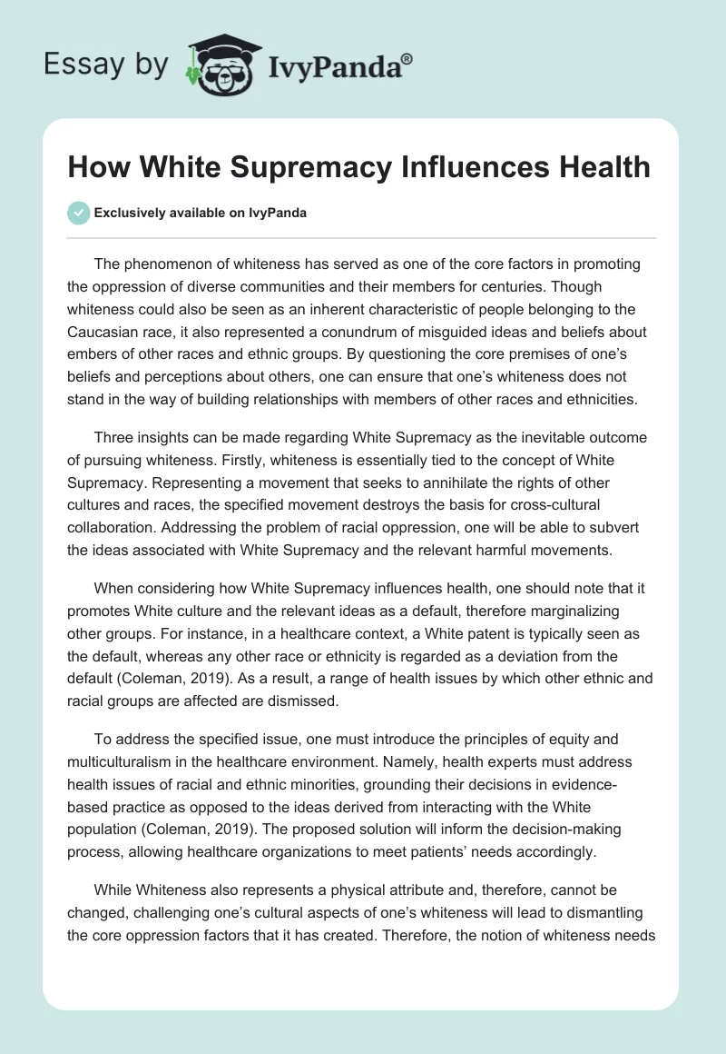 How White Supremacy Influences Health. Page 1