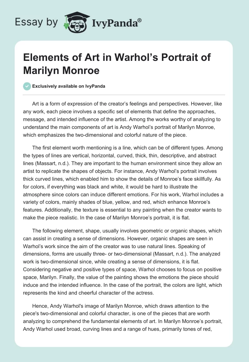 Elements of Art in Warhol’s Portrait of Marilyn Monroe. Page 1