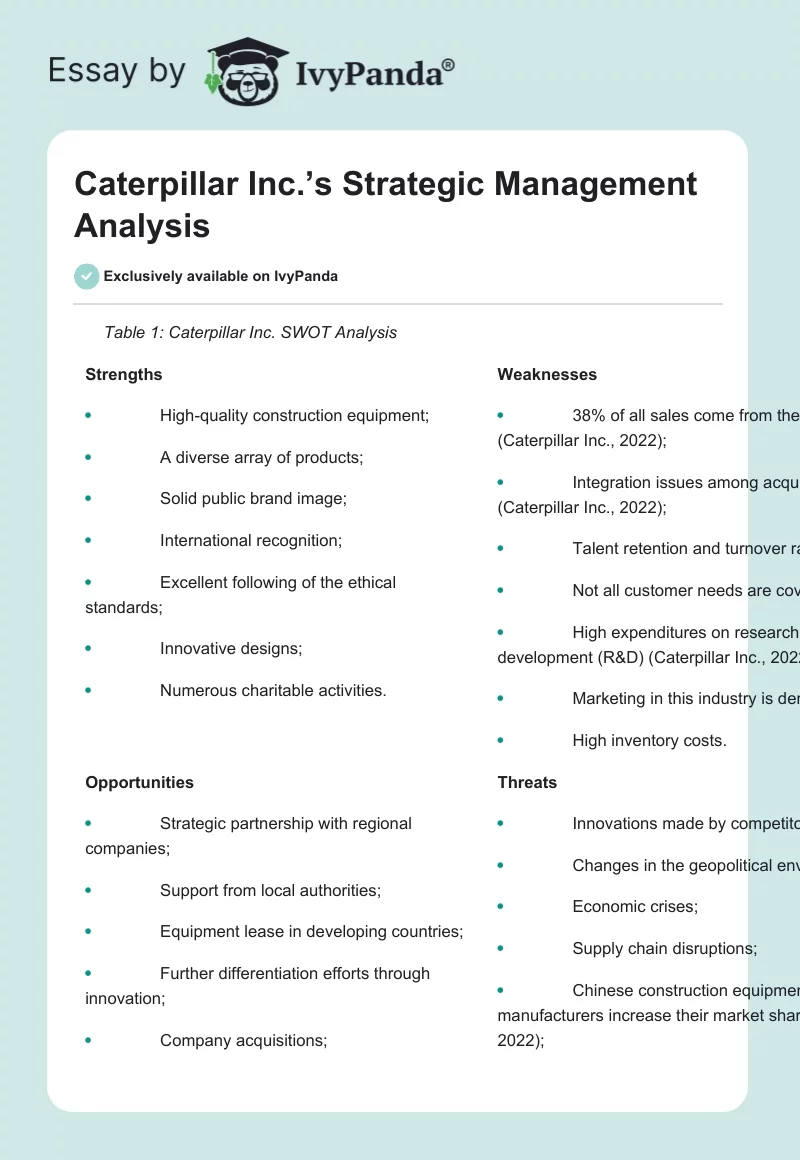 Caterpillar Inc.’s Strategic Management Analysis. Page 1