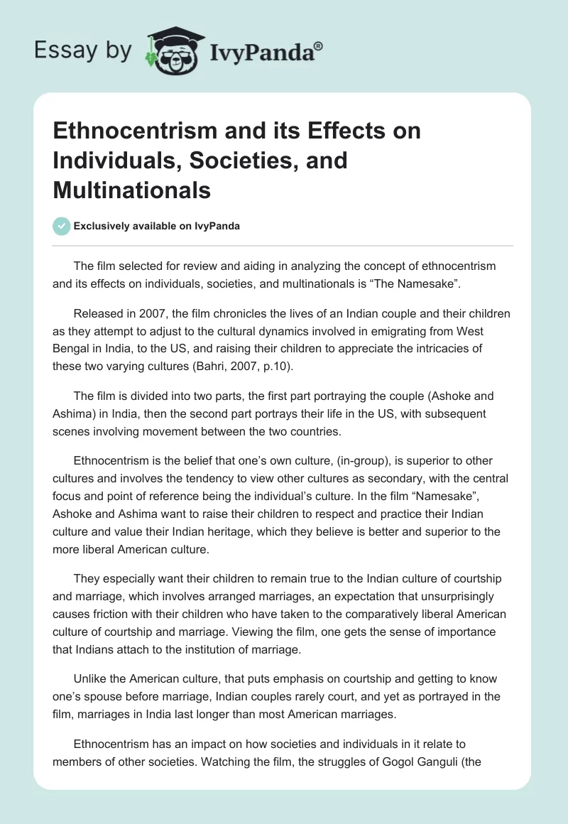 Ethnocentrism and its Effects on Individuals, Societies, and Multinationals. Page 1