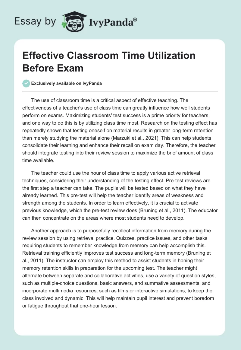 Effective Classroom Time Utilization Before Exam. Page 1