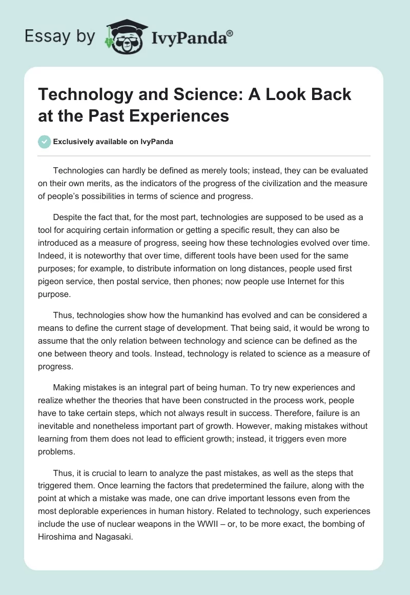 Technology and Science: A Look Back at the Past Experiences. Page 1
