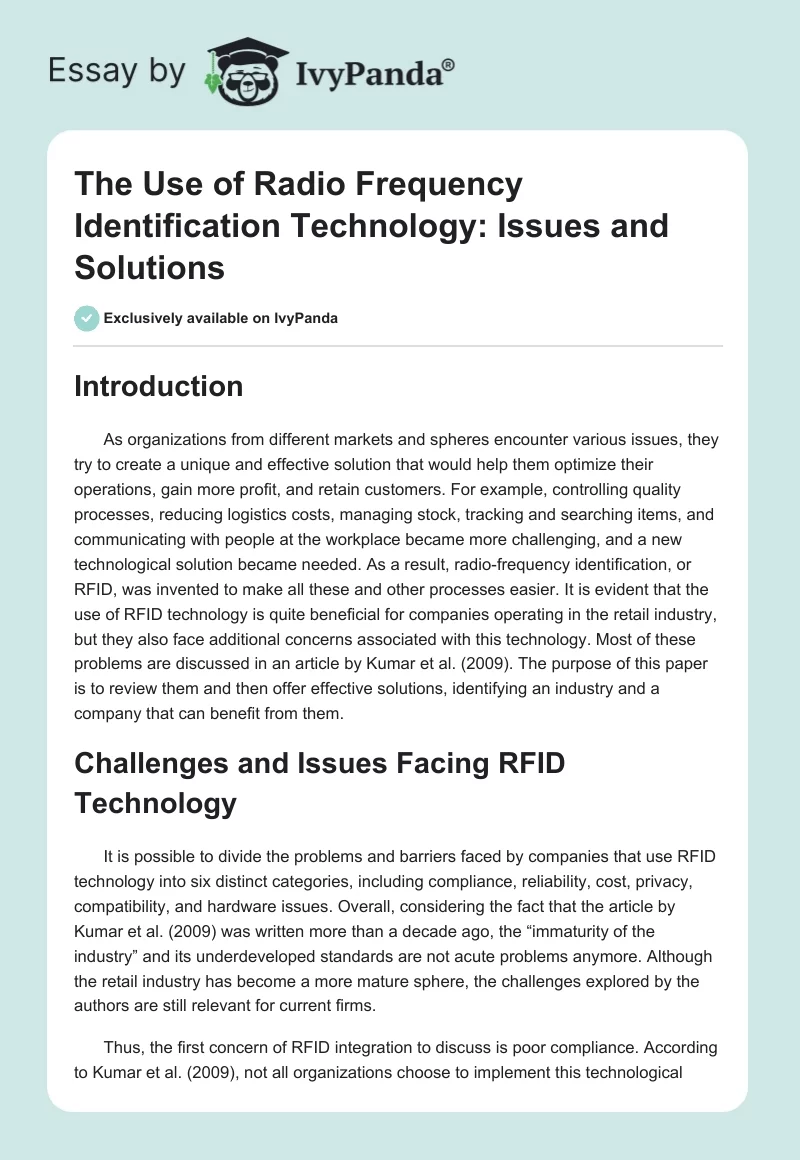 The Use of Radio Frequency Identification Technology: Issues and Solutions. Page 1