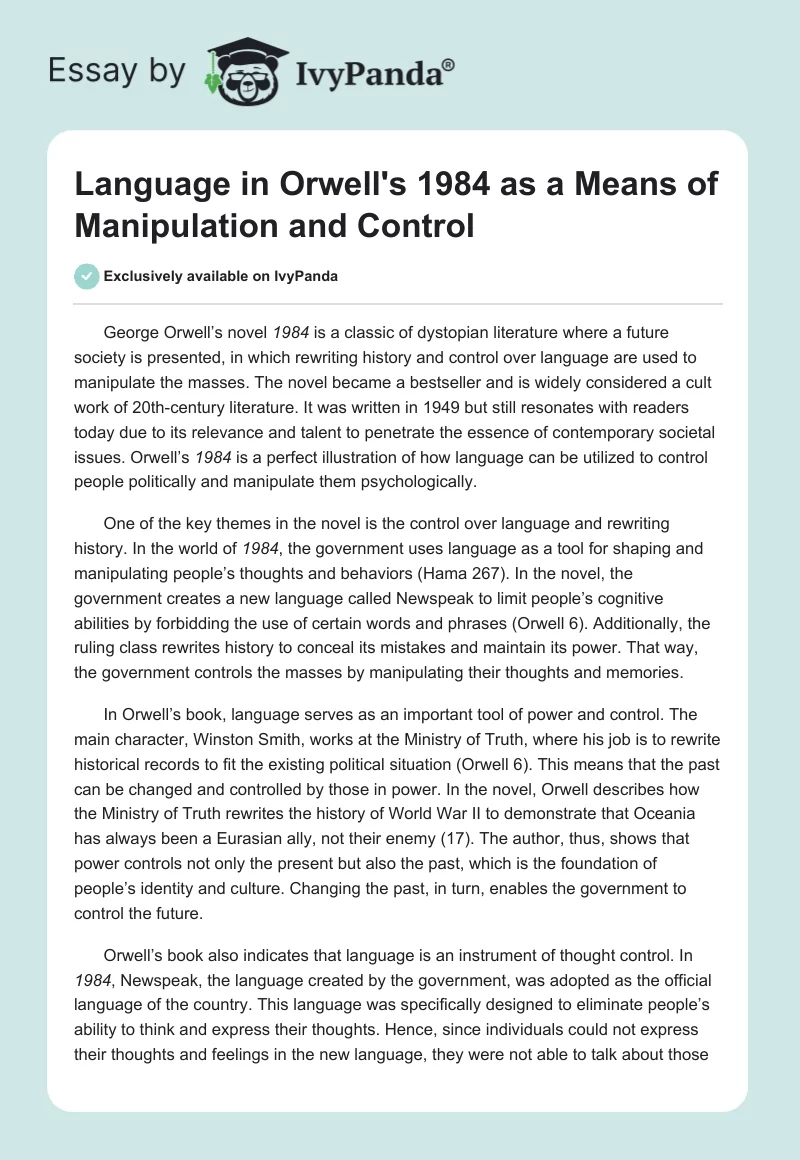 Language in Orwell's 1984 as a Means of Manipulation and Control. Page 1
