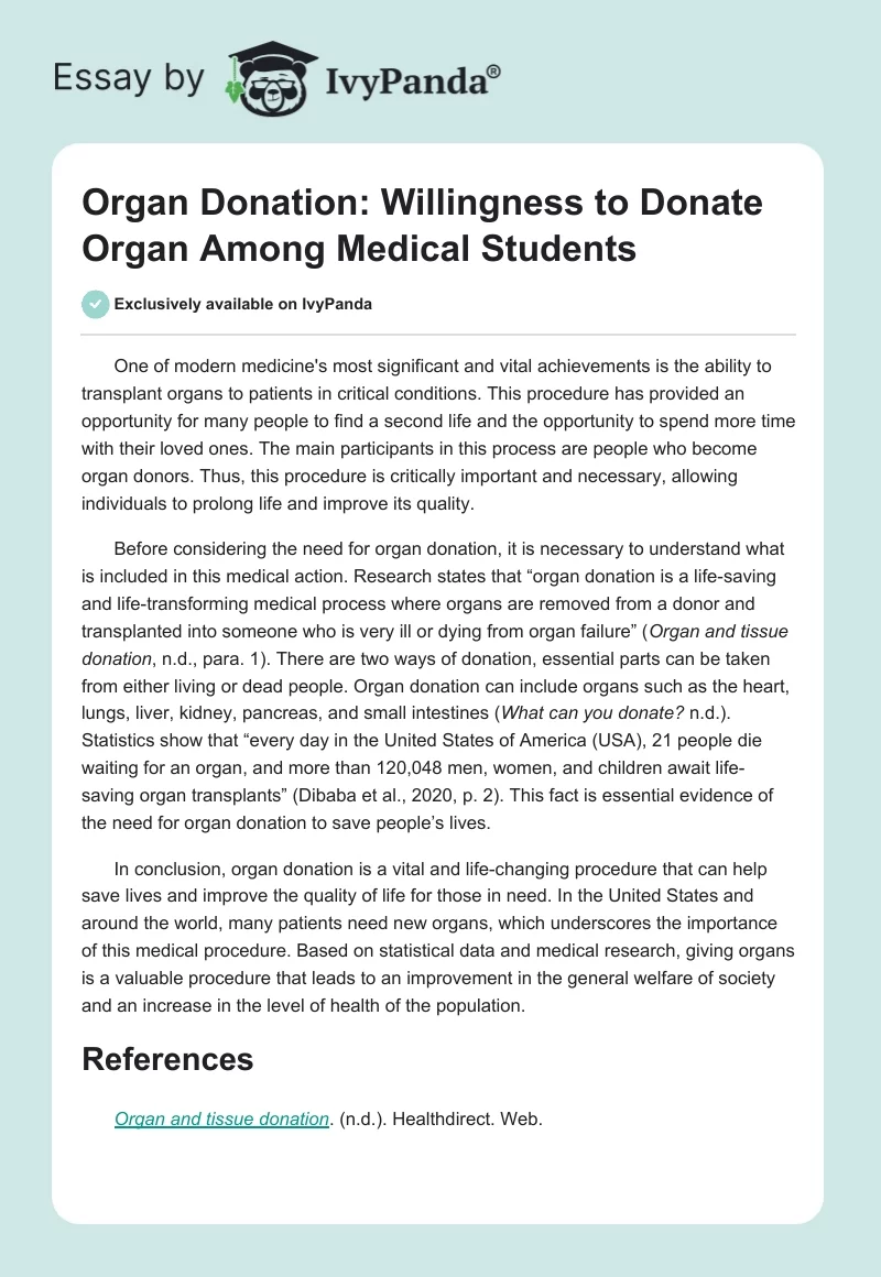 Organ Donation: Willingness to Donate Organ Among Medical Students. Page 1