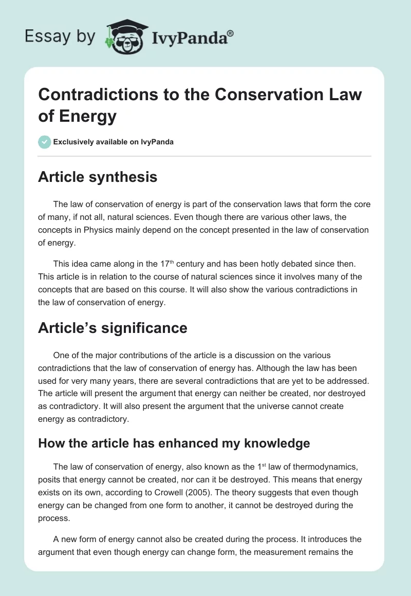 Contradictions to the Conservation Law of Energy. Page 1