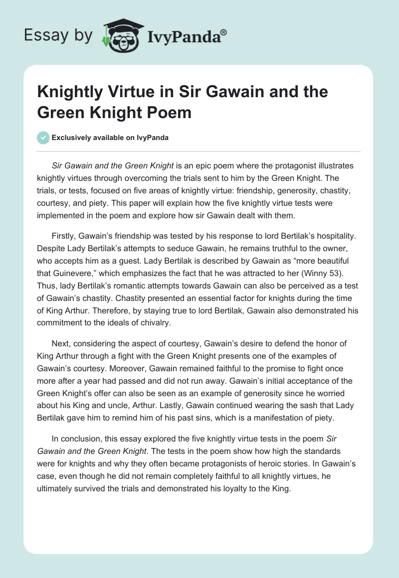 Knightly Virtue in "Sir Gawain and the Green Knight" Poem. Page 1