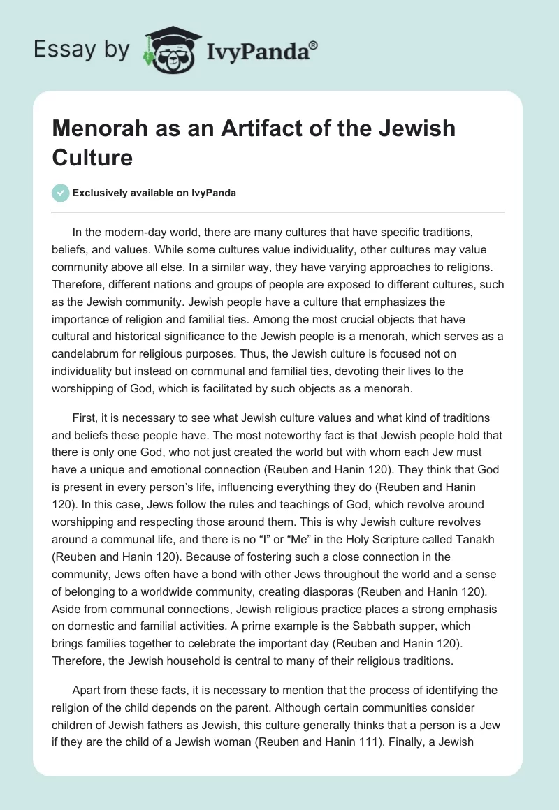Menorah as an Artifact of the Jewish Culture. Page 1
