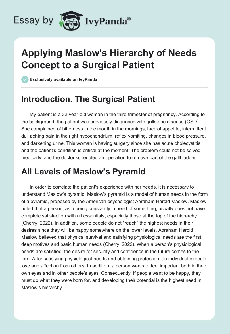 Applying Maslow's Hierarchy of Needs Concept to a Surgical Patient. Page 1