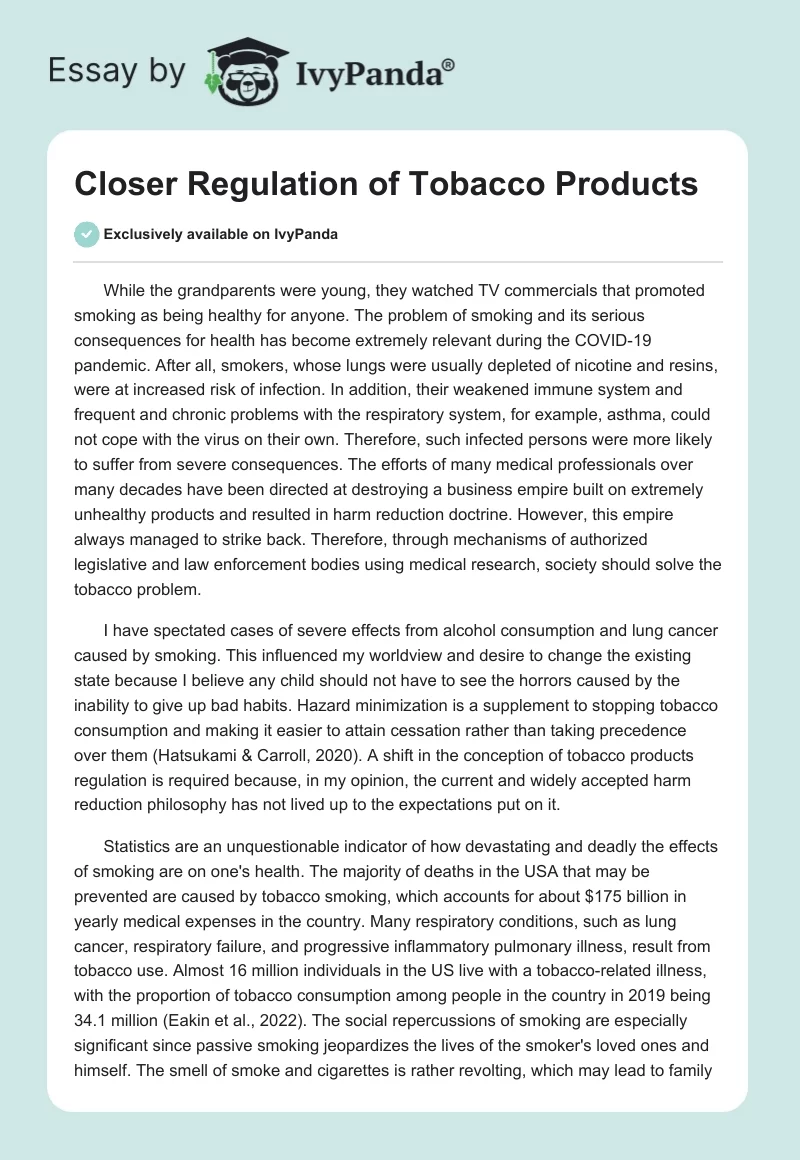 Closer Regulation of Tobacco Products. Page 1
