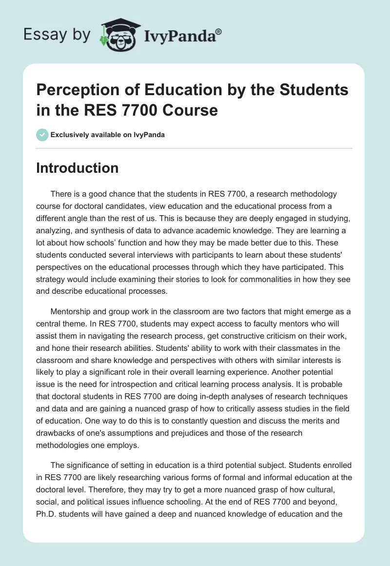 Perception of Education by the Students in the RES 7700 Course. Page 1