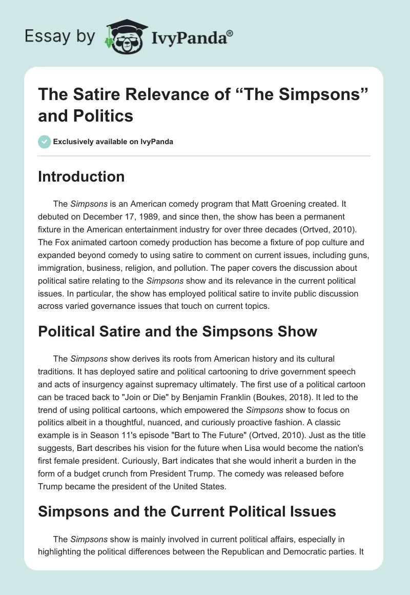 The Satire Relevance of “The Simpsons” and Politics. Page 1