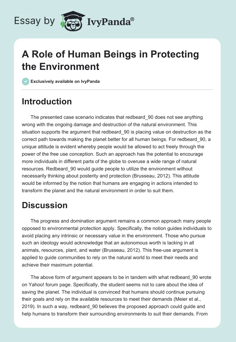 A Role of Human Beings in Protecting the Environment. Page 1