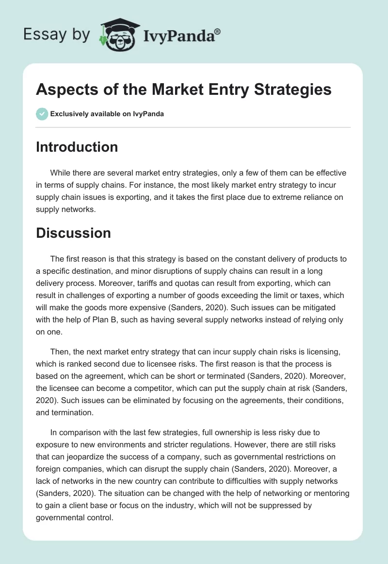 Aspects of the Market Entry Strategies. Page 1
