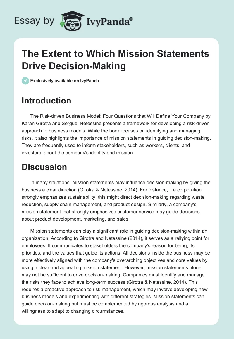 The Extent to Which Mission Statements Drive Decision-Making. Page 1