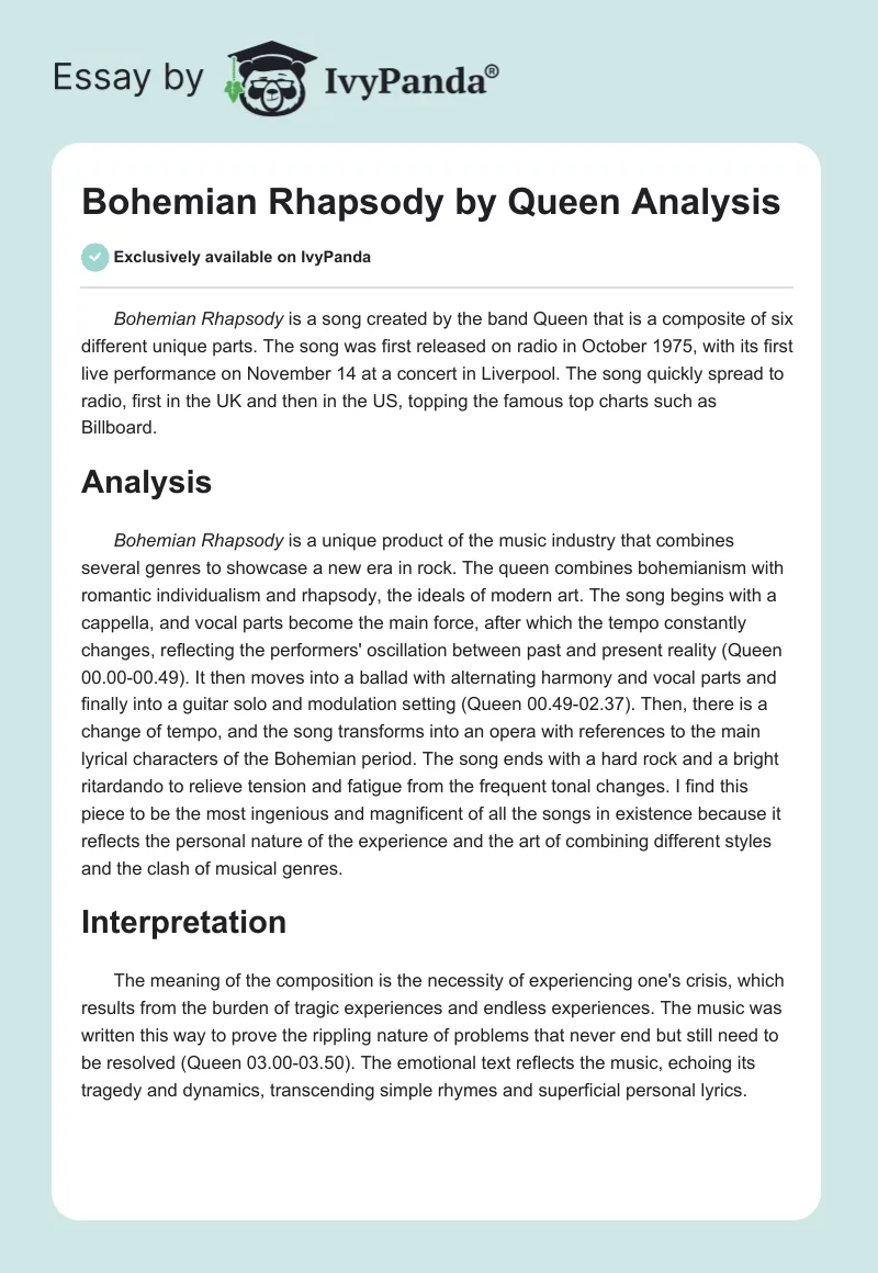 "Bohemian Rhapsody" by Queen Analysis. Page 1