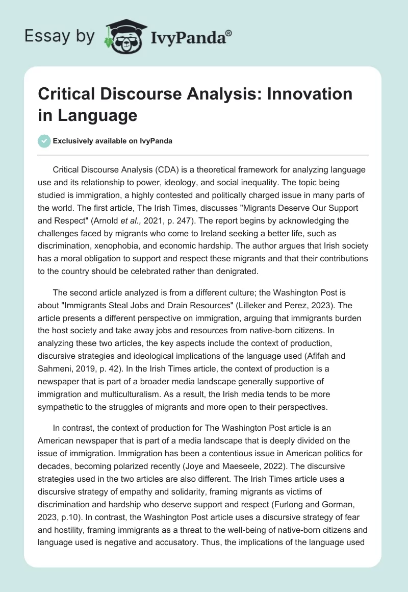 Critical Discourse Analysis: Innovation in Language. Page 1