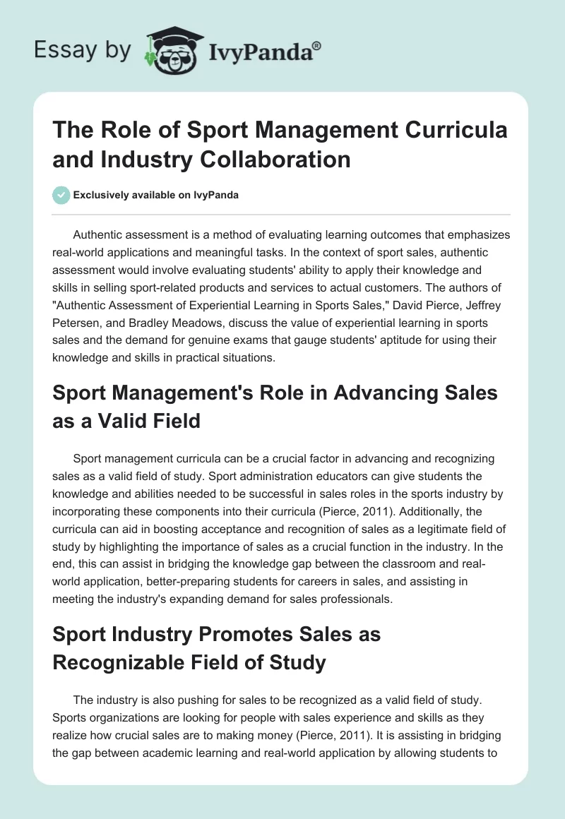 The Role of Sport Management Curricula and Industry Collaboration. Page 1