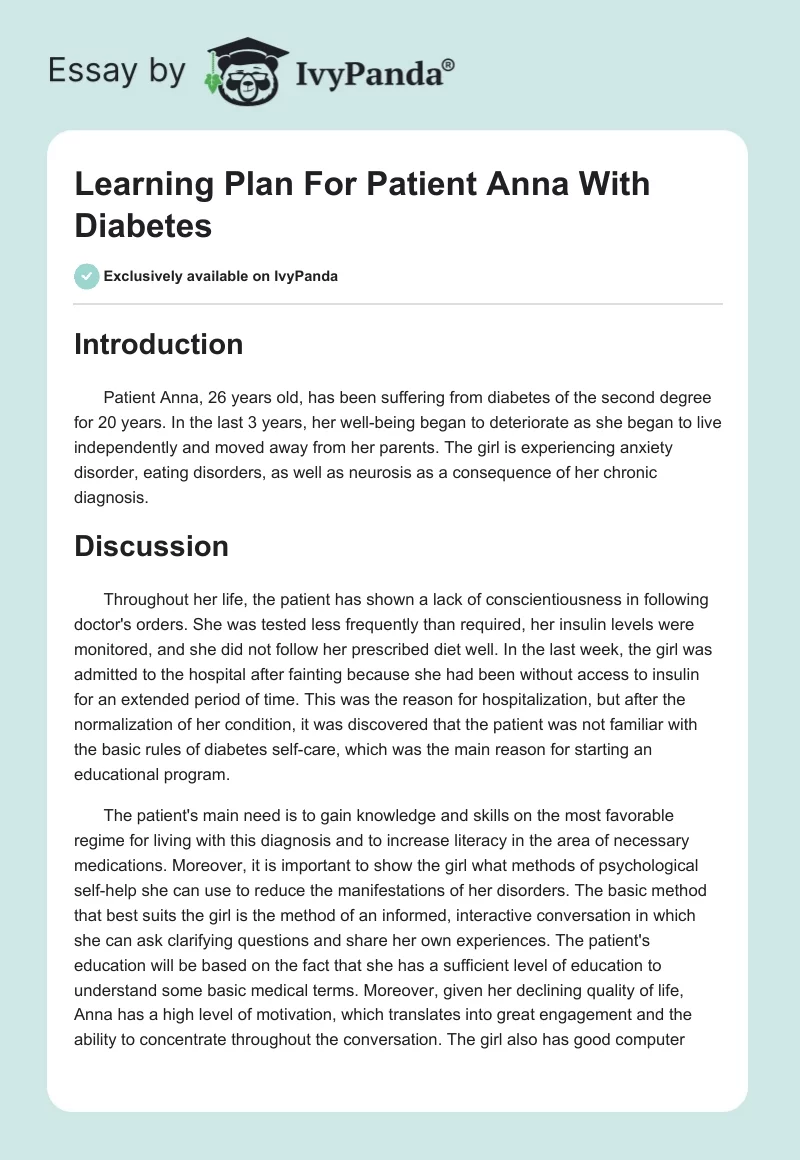 Learning Plan For Patient Anna With Diabetes. Page 1