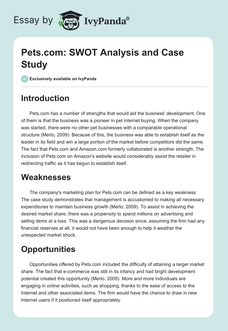 Pets.com: SWOT Analysis and Case Study. Page 1