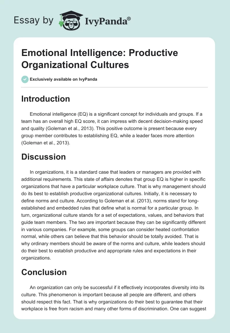 Emotional Intelligence: Productive Organizational Cultures. Page 1