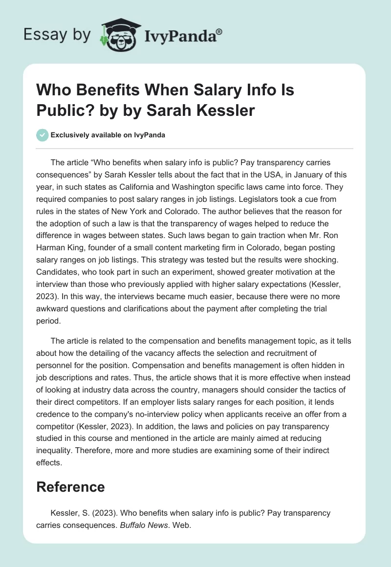 "Who Benefits When Salary Info Is Public?" by by Sarah Kessler. Page 1