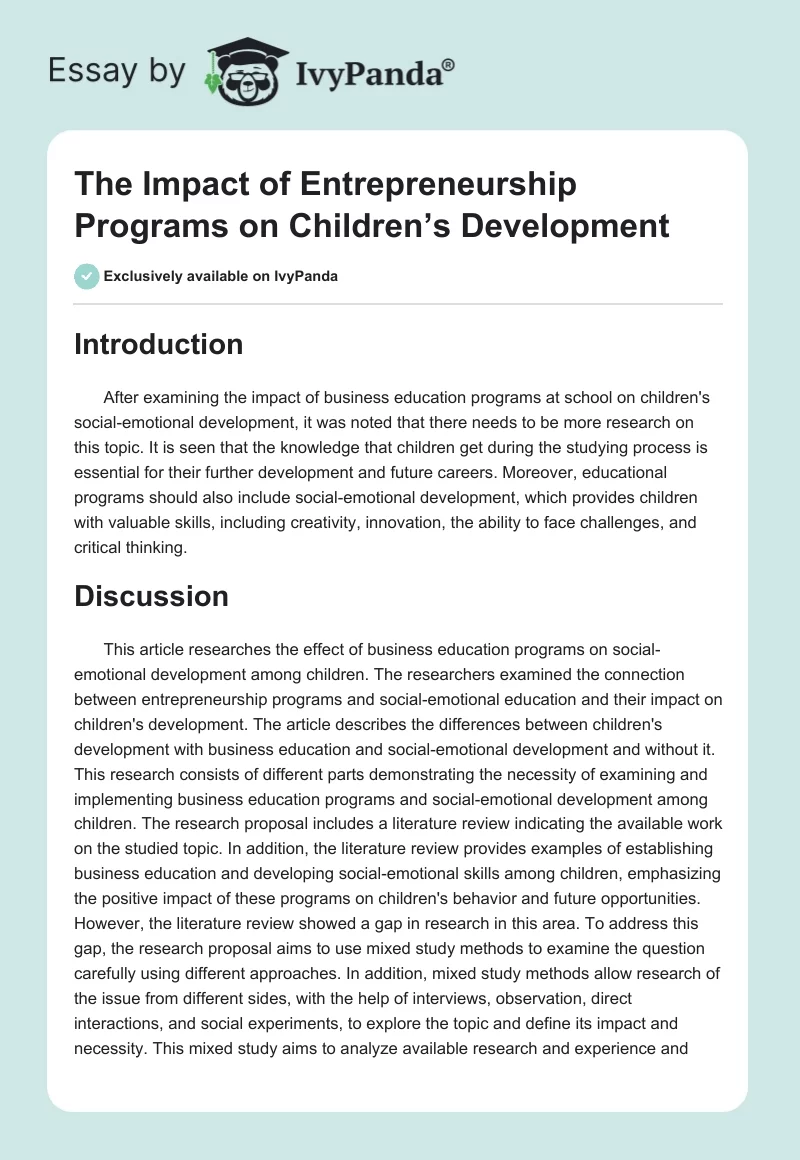 The Impact of Entrepreneurship Programs on Children’s Development. Page 1