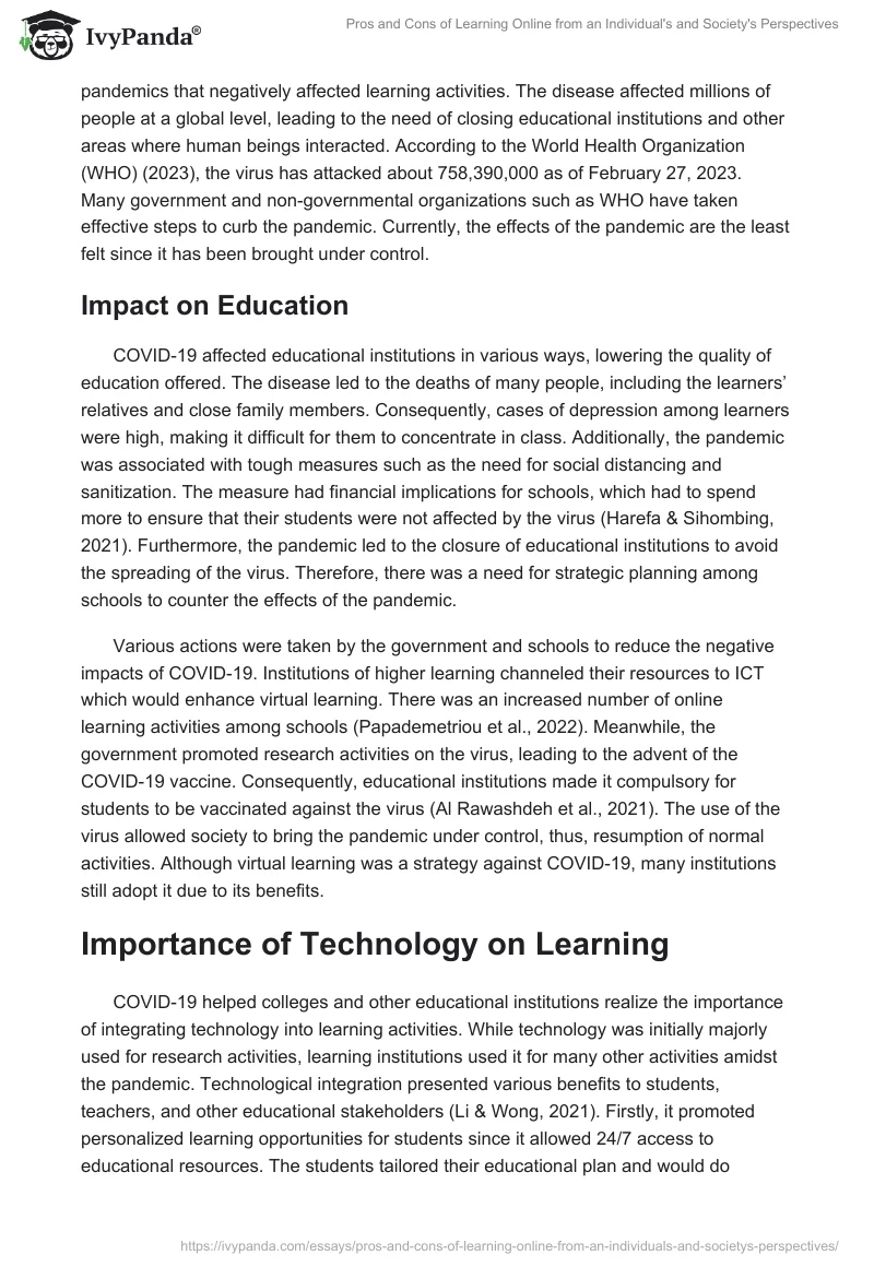 Pros and Cons of Learning Online from an Individual's and Society's Perspectives. Page 2